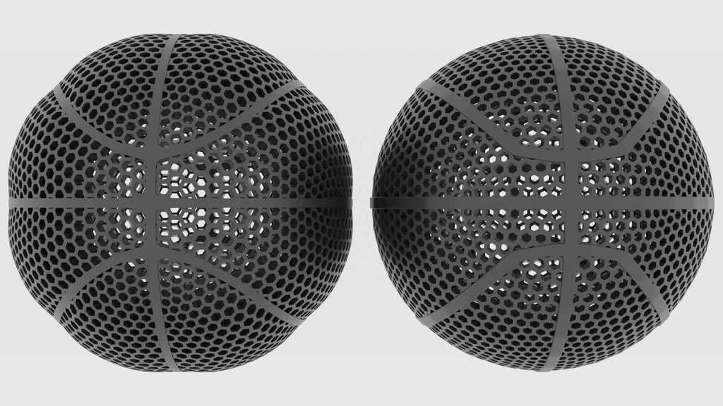 3D printed airless basketball with hexagonal lattice shell, matte black